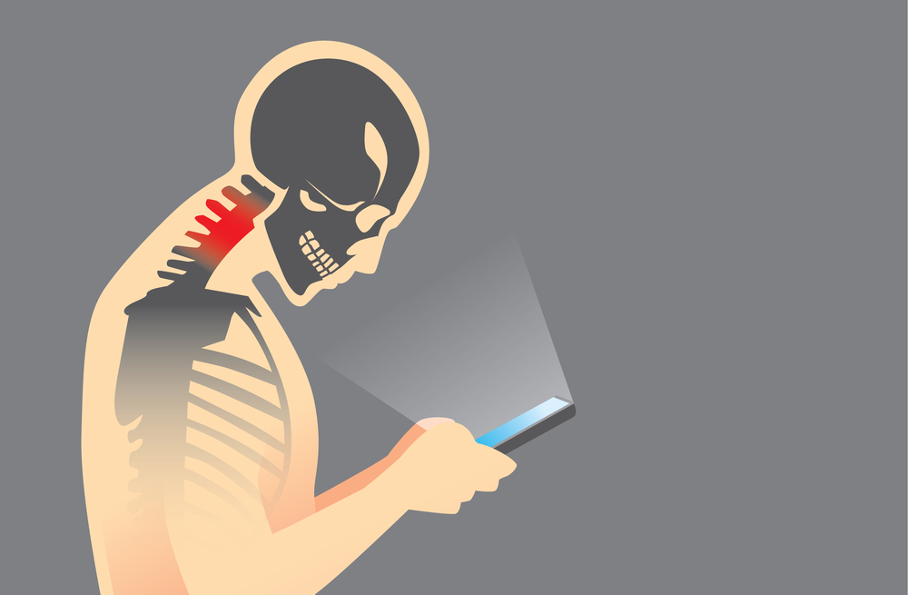 Vector image of a person's inner skeleton experiencing stress when looking down at a smartphone.