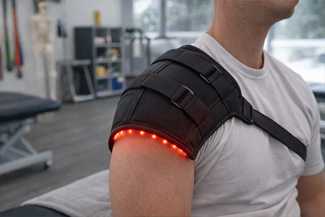 Beautician doing red led light therapy to blond woman